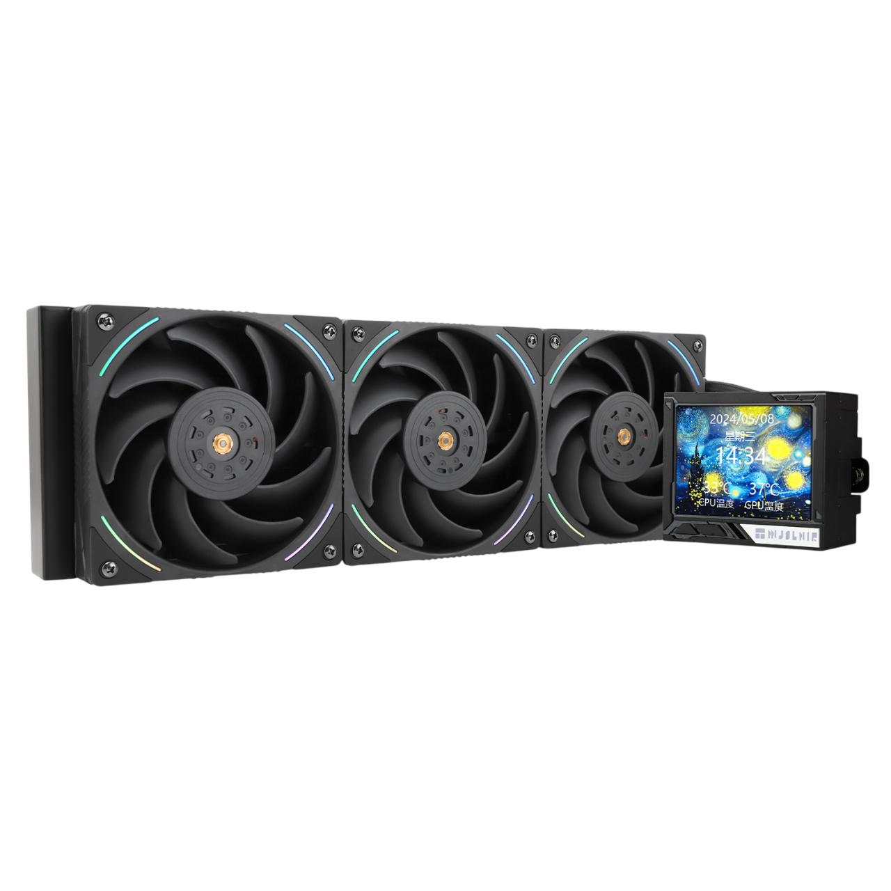 Водяное охлаждение для процессора/ Water Cooling System Thermalright Mjolnir Vision 360 (360mm, LED, Black, ARGB/ Fans: 3x120mm, 69CFM, 27dBA, 2150RPM/ Pump height 65mm, Rad thickness 27mm/ S: 1700, 1200, 1851, 115X, 2011, 2066, AM5, AM4), M-VISION-360-BL-ARGB