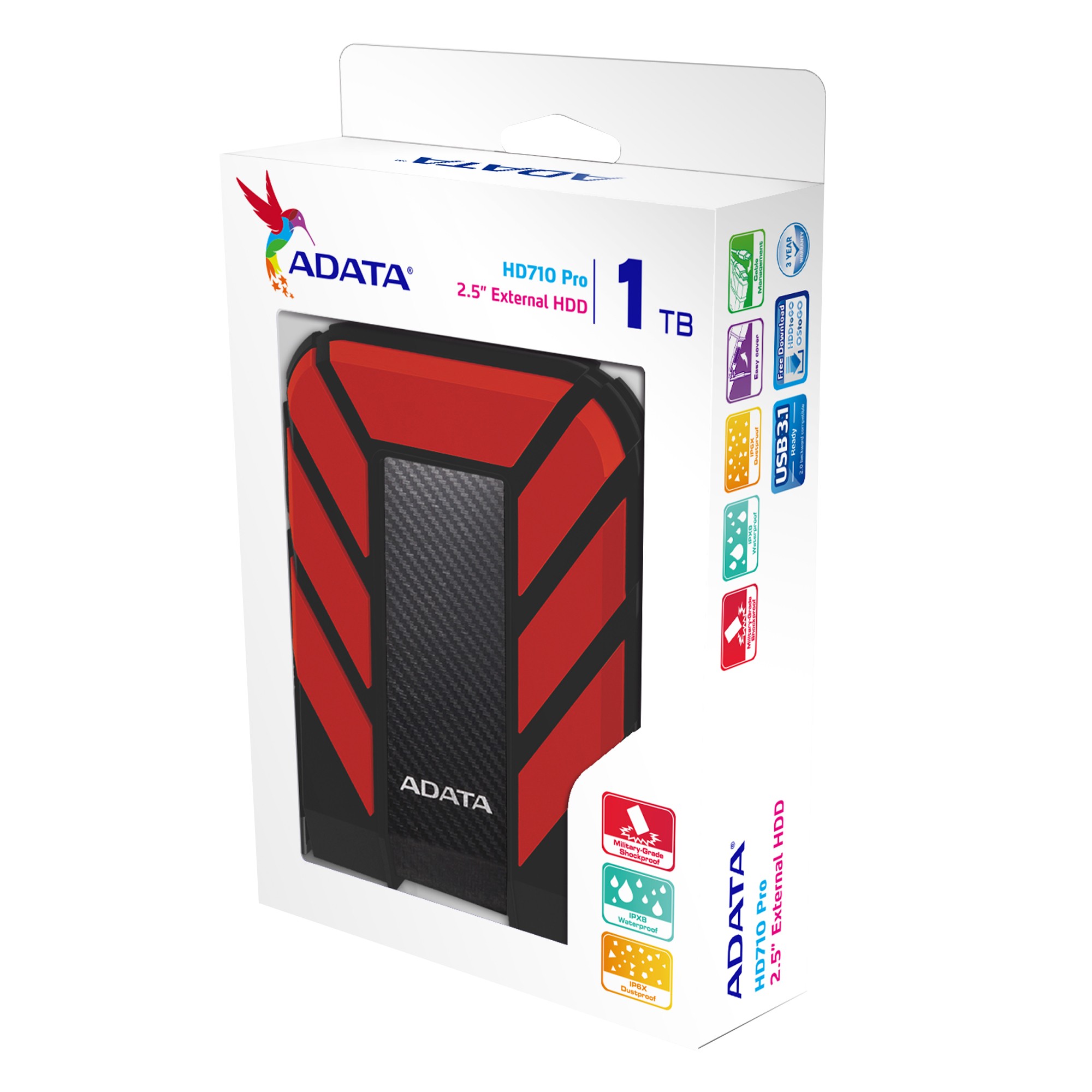 Внешний жесткий диск/ Portable HDD 1TB ADATA HD710 Pro (Red), IP68, USB 3.2 Gen1, 133x99x22mm, 270g /3 года/, AHD710P-1TU31-CRD
