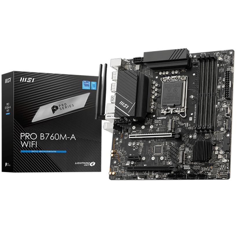 Материнская плата/ MB MSI INTEL B760 s1700, 4xDDR5(256GB), 2xHDMI 2.1/2xDP, 2xPCIe 4.0x16, 1xPCIe 3.0, 1xLAN (2.5GbE), Wi-Fi, BT, 4xSATA 6Gb/s, 2xM.2, 4xUSB 3.2, 2xUSB 2.0, 1xPS/2, mATX, PRO B760M-A WIFI