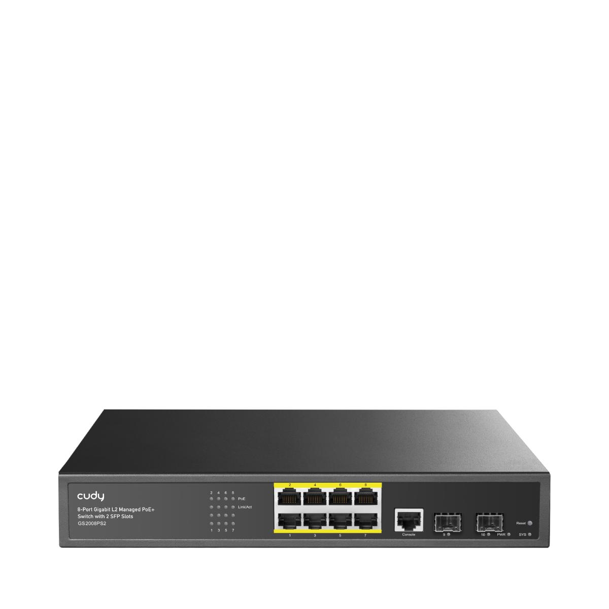 Коммутатор/ 8-Port Layer 2 Managed Gigabit PoE+ Switch with 2 Gigabit SFP Slots, 120W, GS2008PS2