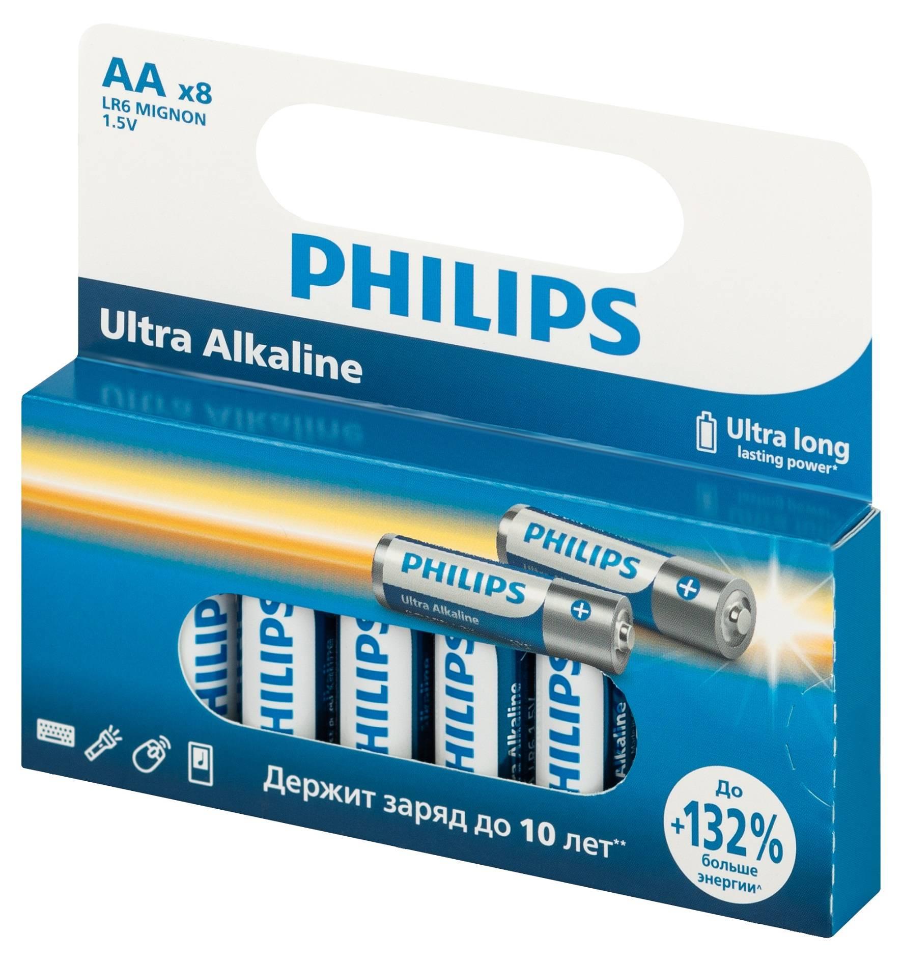 Philips Батарейки LR6E8W/51 АА алкалиновые 1,5v, LR6-8BL Ultra (8/160/19200). Блистер 8 шт., Б0064633