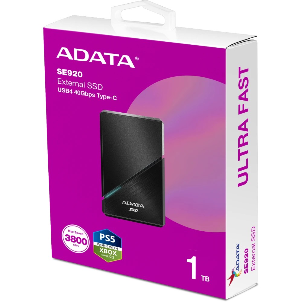 Твердотельный накопитель/ ADATA External SSD SE920, 1000GB, USB 4.0, Type-C to Type-C, R/W 3800/3700 MB/s, 105x64.2x15.9mm/122.56 x 64.2 x 15.9mm, 181.52g, Black (5 лет), SE920-1TCBK