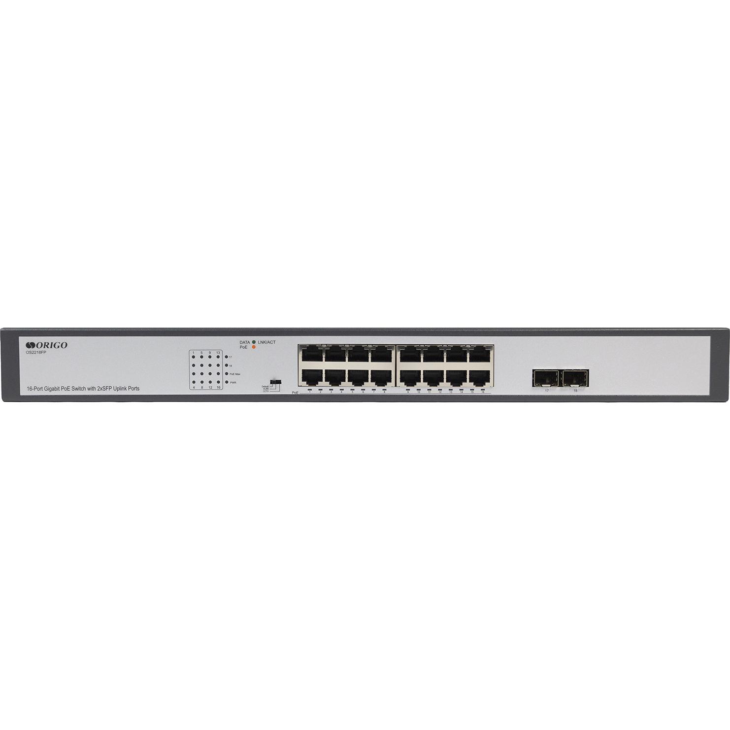 Коммутатор/ Unmanaged Switch 16x1000Base-T PoE, 2x1000Base-X SFP, PoE Budget 200W, Long-range PoE up to 250m, 19" w/brackets, OS2218FP/200W/A1A