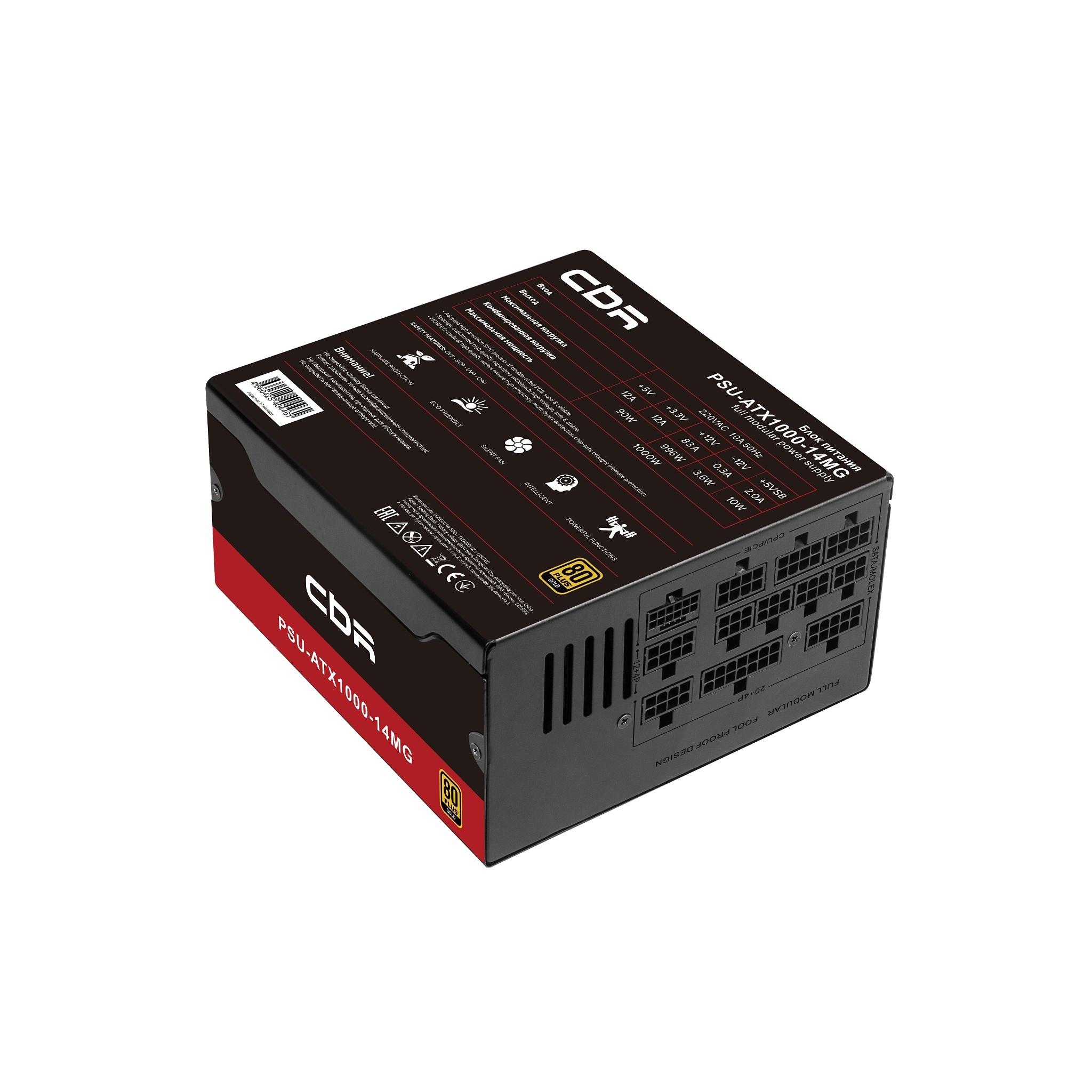 Блок питания CBR ATX 1000W 80+ Gold, Full Modular, DC-DC, APFC, 14cm fan, 24pin, 1*PCIE5.1(12+4pin), 2*8pin(4+4), 3*6+2pin, 3*SATA, 5*IDE, 1.5м кабель питания, черный [PSU-ATX1000-14MG/14GM] BOX
