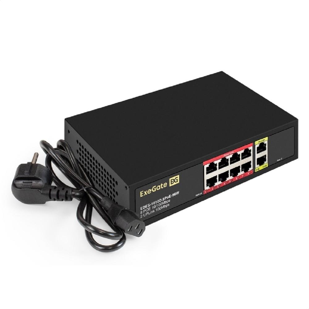Exegate EX299021RUS Коммутатор неуправляемый ExeGate EDES-1010D.8PoE-96W (10-портовый UTP 10/100 Base-Tx: 8 портов IEEE 802.3af (PoE), мощность PoE: 25W, суммарно 96W, 2 порта RJ45 uplink, настенный/н