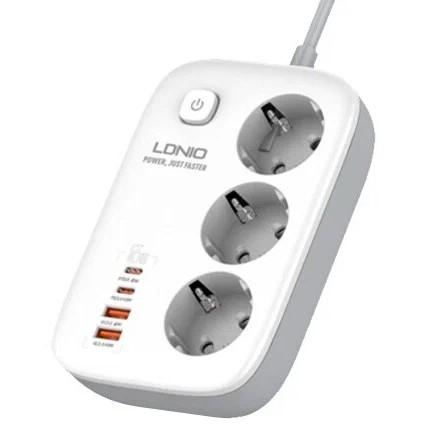 LDNIO SE3436/ Сетевой удлинитель 2м/ 3 розетки/ 3250W/ 4 USB: QC 4.0+PD 3.0+PPS/ GAN 65W/ White, LD_D0425