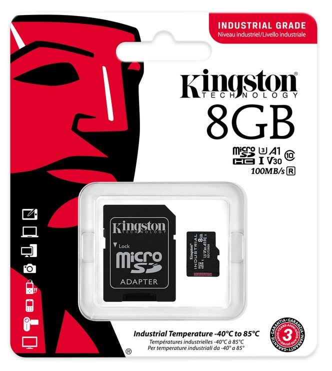 Промышленная карта памяти SecureDigital 8GB Kingston, Class 10 U1 UHS-I MLC, темп. режим от -40? до +85? (SDIT/8GB)