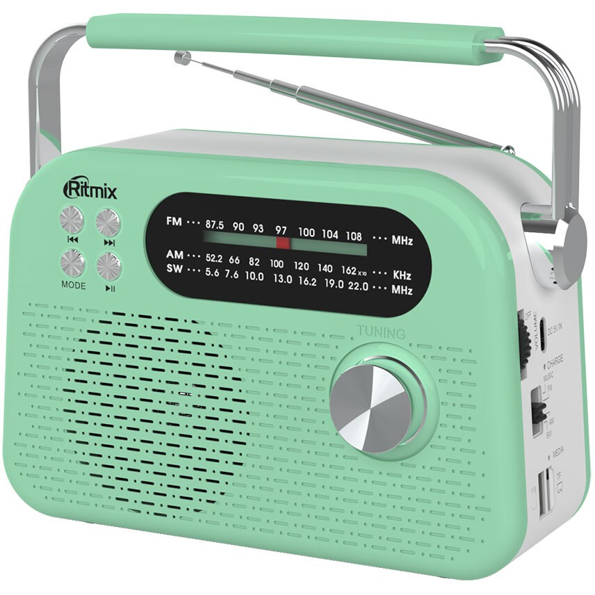 RITMIX RPR-045 AZURE {Радиоприёмник портатив. 3хдиапазонный FM/AM/SW, Bluetooth v.5.3, воспрс USB и с карт памяти micro SD (до 32Gb)}