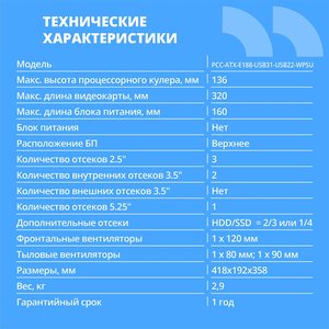 CBR Корпус ATX Miditower E188, без БП, 1*USB 3.0, 2*USB 2.0, HD Audio+Mic, Black [PCC-ATX-E188-USB31-USB22-WPSU]