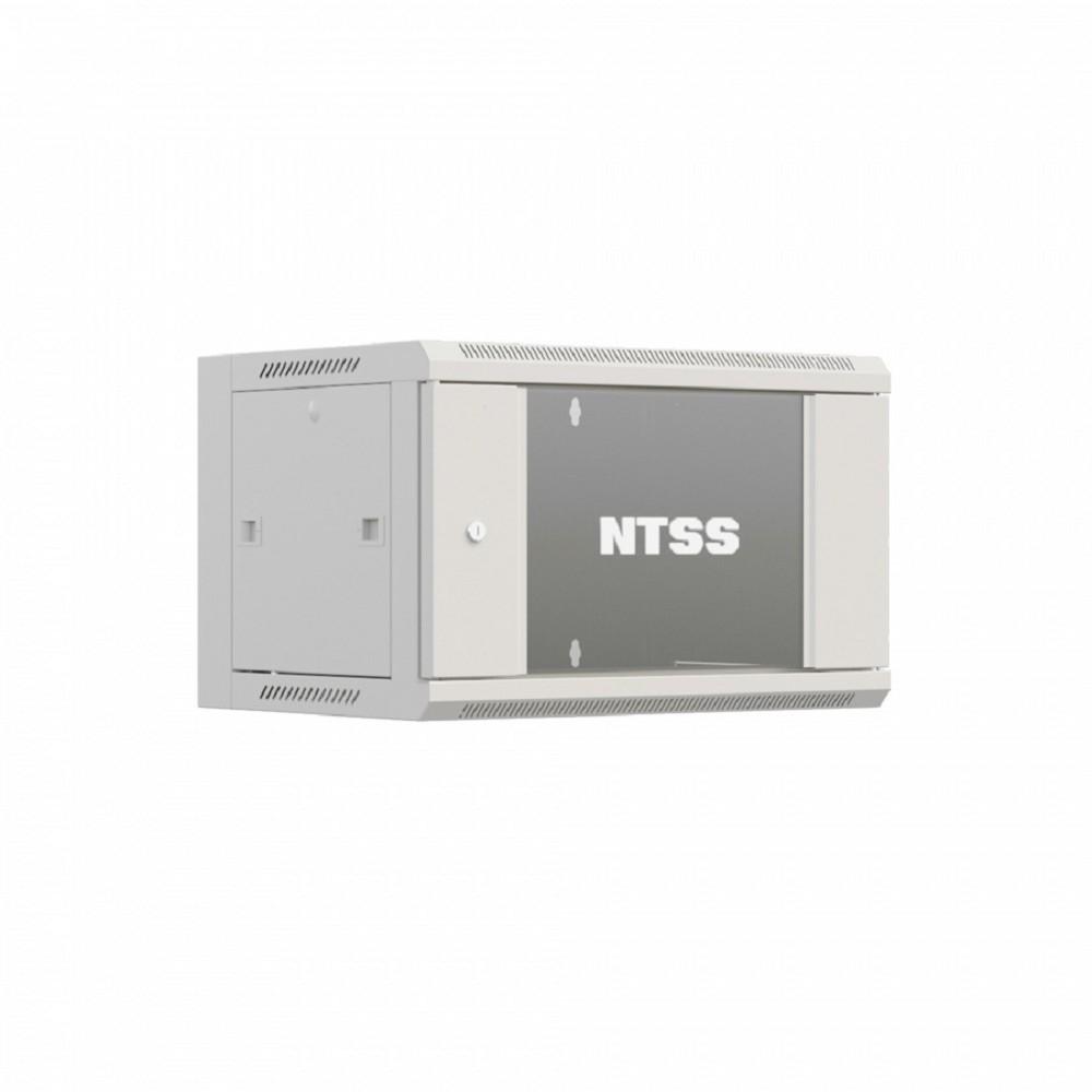 NTSS Шкаф настенный телекоммуникационный NTSS W 6U 600х450х370мм, 2 профиля 19, дверь стеклянная, боковые стенки съемные, задняя стенка, разобранный, серый RAL 7035 NTSS-W6U6045GS