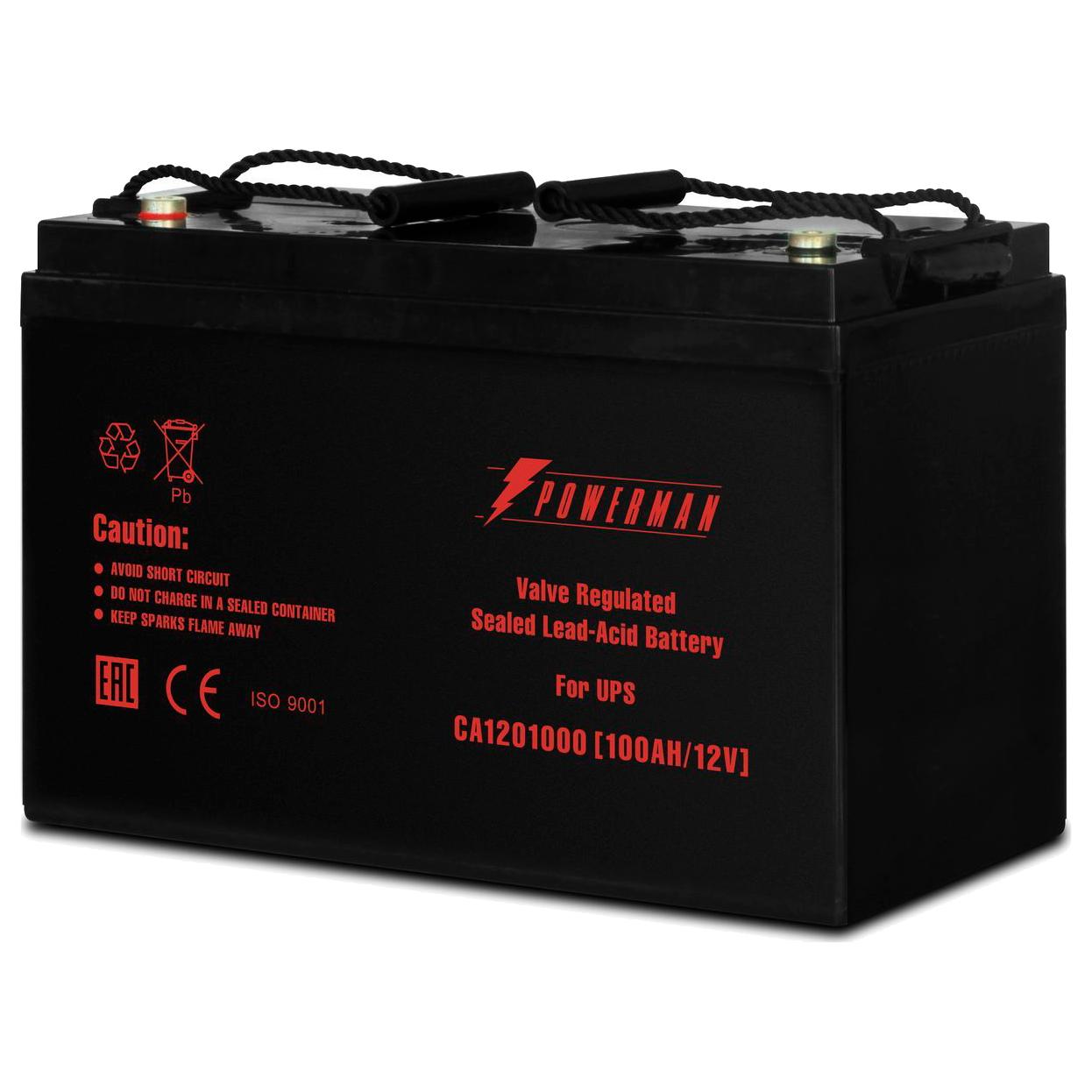 Батарея POWERMAN Battery CA121000, напряжение 12В, емкость 100Ач, макс. ток разряда 800А, макс. ток заряда 30А, свинцово-кислотная типа AGM, тип клемм М2, Д/Ш/В 329/172/215, 27.7 кг./ Battery POWERMAN Battery CA121000, voltage 12V, capacity 100Ah, max. discharge current 800A, max. Charging current 30A, lead-acid type AGM, type of terminals M2, 329mm x 172mm x 215mm, 27.7 kg., POWERMAN Battery 12V/100AH