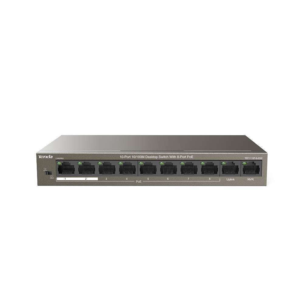 IP-COM F1110P-8-63W Коммутатор неуправляемый PoE, 10 портов, 10x100 Мбит/с, PoE 8х30 Вт, 2хUplink, настольный