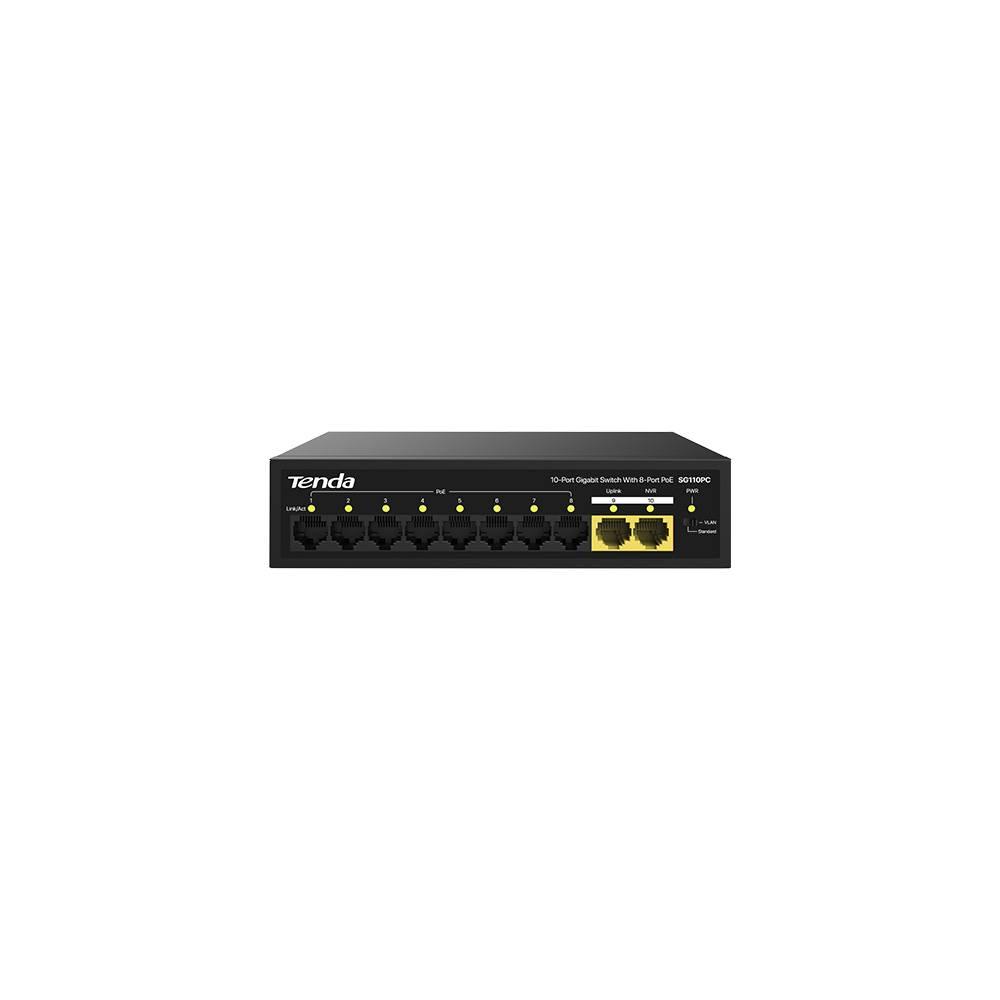 Tenda SG110PC Коммутатор неуправляемый PoE, 10 портов, 10x1 Гбит/с, PoE 8х30 Вт, 2хUplink, настольный