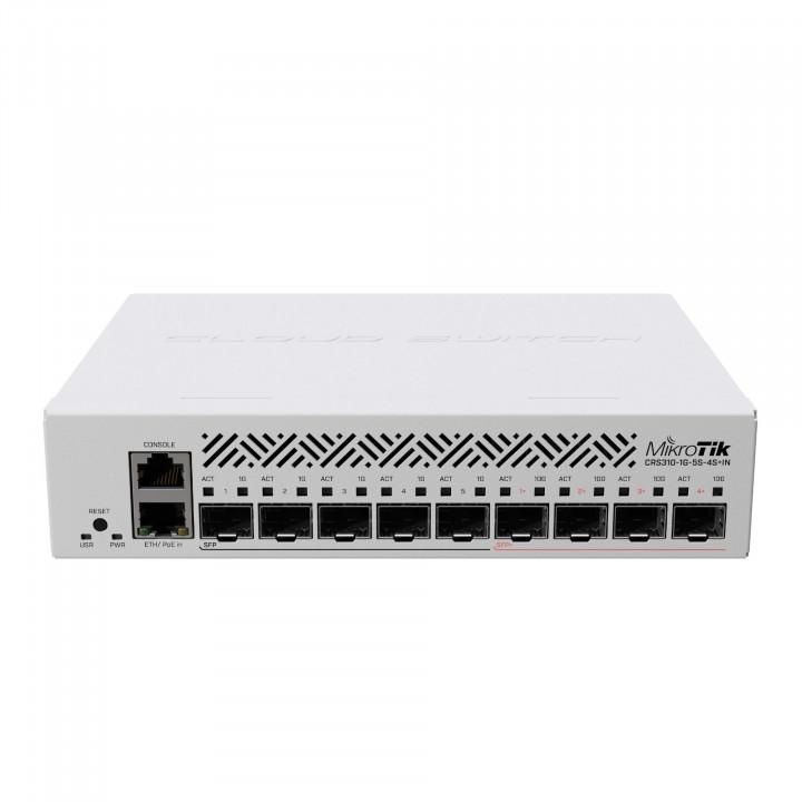 Коммутатор/ CRS310-1G-5S-4S+IN Cloud Router Switch with 800 MHz CPU, 256 MB RAM, 4xSFP+, 5xSFP cages, 1xGBit LAN port, RouterOS L5, desktop case, rackmount ears, PSU