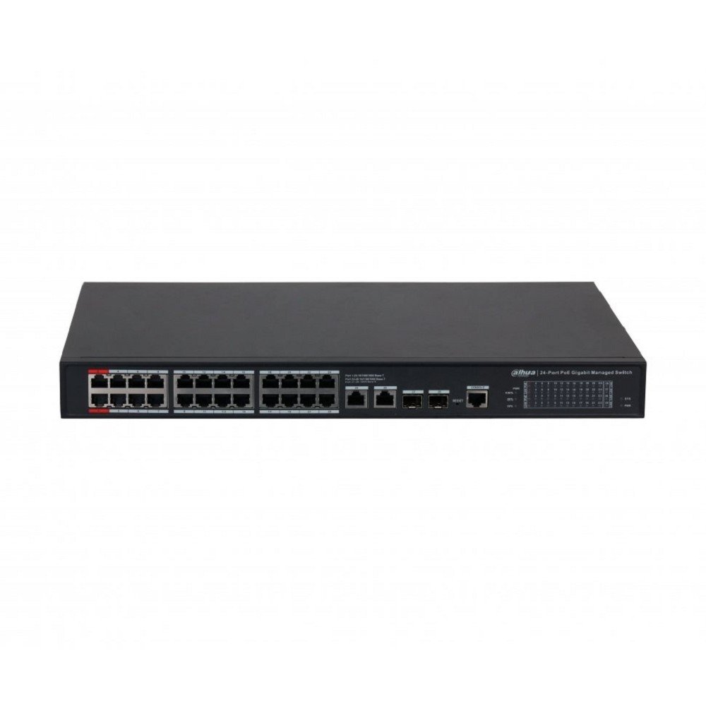 DAHUA DH-S4228-24GT-360 28-портовый гигабитный управляемый коммутатор с PoE, уровень L2, 26xRJ45 1Gb, 2xSFP 1Gb, суммарно 360Вт, коммутация 56 Гбит/с, MAC-таблица 8К