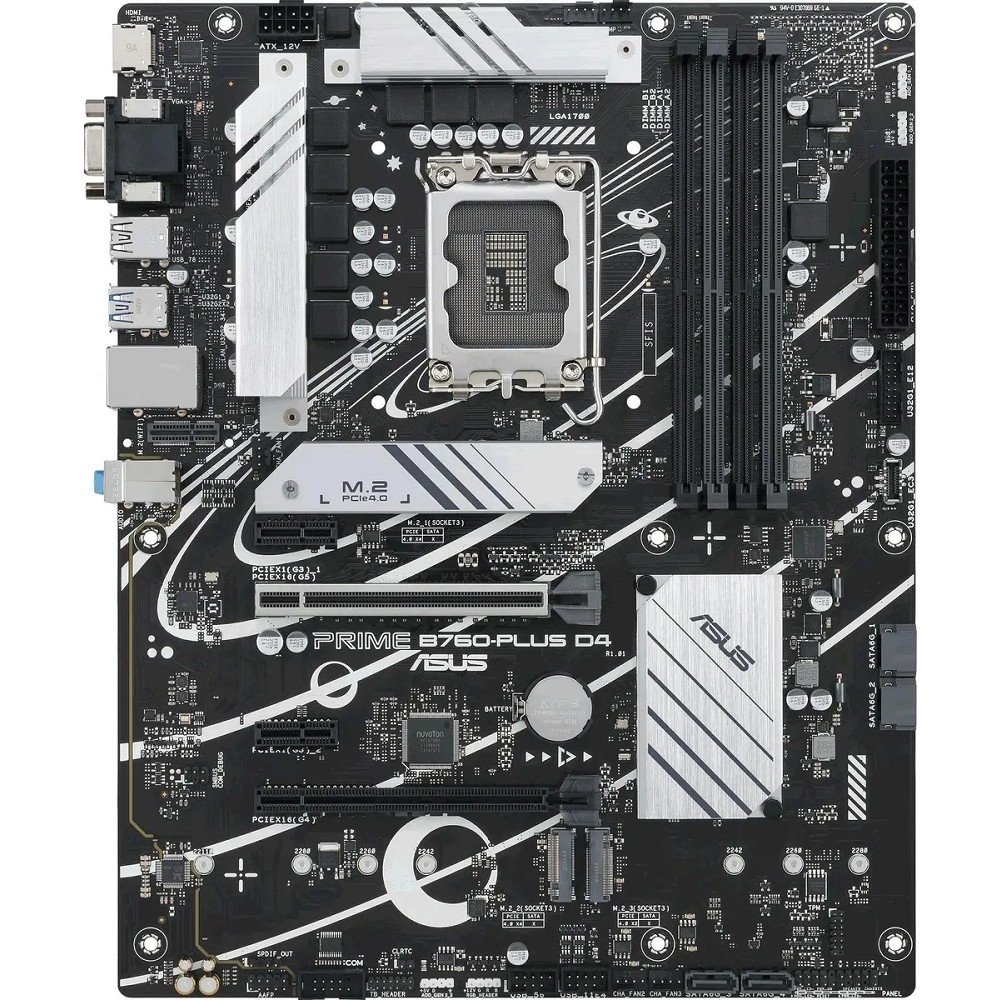 ASUS PRIME B760-PLUS D4 (Socket 1700, ATX, 4xDDR4(128GB),VGA/DP/HDMI, 1xPCIe 5.0x16/1xPCIe 4.0x16/2xPCIe 3.0, 1xLAN (2.5GbE), 4xSATA 6Gb/s, 3xM.2, 1xM.2 E key, 1xType-C, 3xUSB 3.2, 2xUSB 2.0)