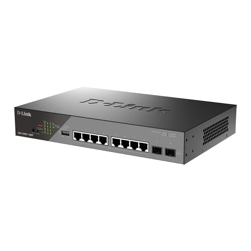 D-Link DSS-200G-10MP/A1A Настраиваемый L2 коммутатор с 8 портами 10/100/1000Base-T и 2 портами 1000Base-X SFP (8 портов PoE 802.3af/at, PoE-бюджет 130 Вт, дальность до 250 м)  