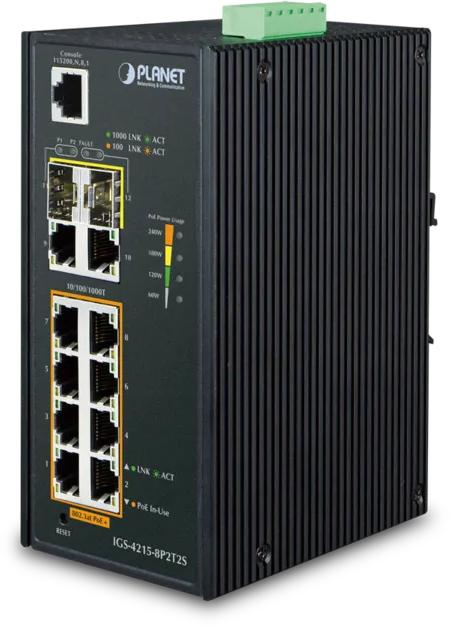 коммутатор/ PLANET IP30 Industrial L2/L4 8-Port 10/100/1000T 802.3at PoE + 2-Port 10/100/100T + 2-Port 100/1000X SFP Managed Switch (-40~75 degrees C), dual redundant power input on 48~56VDC terminal block, SNMPv3, 802.1Q VLAN, IGMP Snooping, SSL, SSH, ACL, IGS-4215-8P2T2S