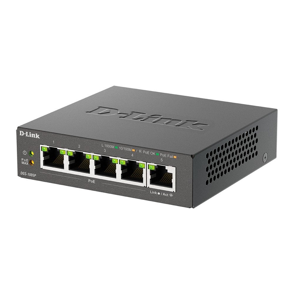 D-Link DGS-1005P/B3A Неуправляемый коммутатор с 5 портами 10/100/1000Base-T (4 порта PoE 802.3af/at, PoE-бюджет 60 Вт)