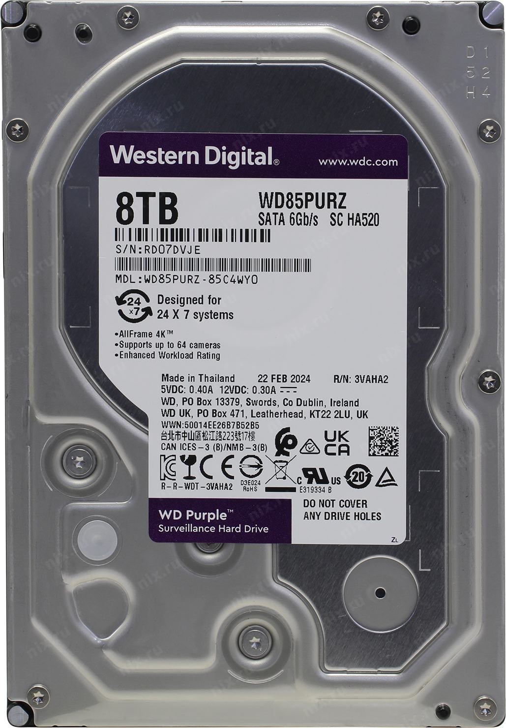 Жесткий диск/ HDD WD SATA3 8Tb Purple 5640 256Mb 1 year warranty, WD85PURZ