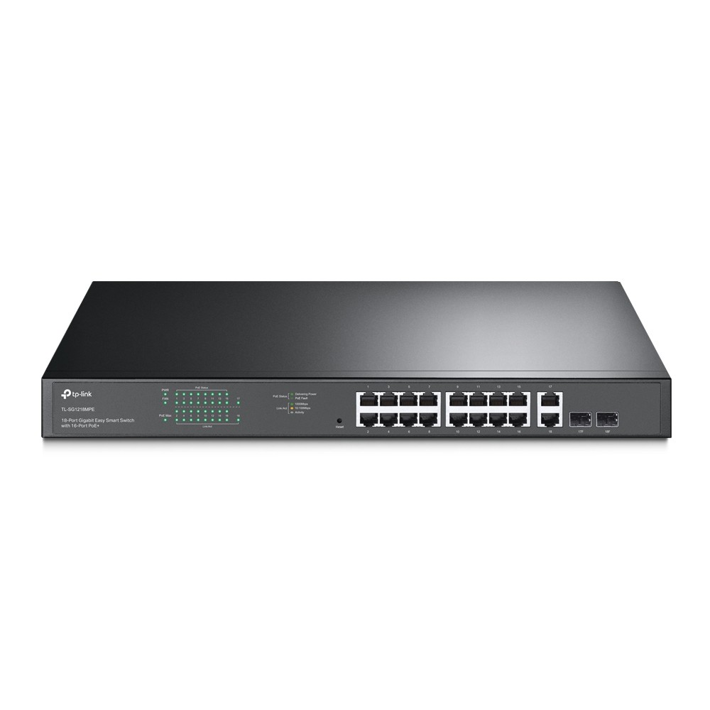 Коммутатор/ 18-port Gigabit PoE Smart switch, 16 RJ45 PoE ports 10/100/1000Mbps, 2 Gb combo SFP slots, PoE budget 250W, TL-SG1218MPE
