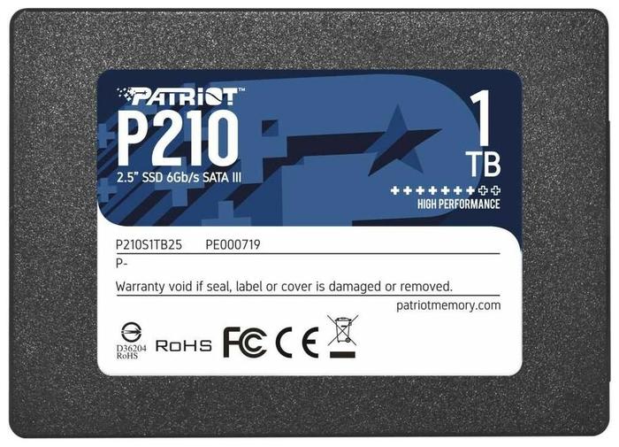 Твердотельный накопитель Patriot SSD P210 1TB SATA3 2.5" R520/W430 TBW 480TB 3D NAND, P210S1TB25