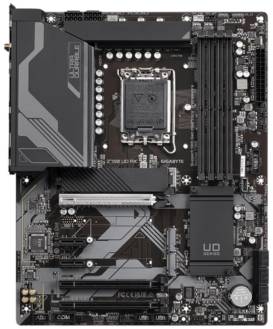 Материнская плата/ MB GIGABYTE INTEL Z790 s1700, 4xDDR5(192GB), HDMI 2.0/DP, 1xPCIe 5.0x16, 1xPCIe 4.0x16, 1xPCIe 3.0x16, 2xPCIe 3.0, 1xLAN (2.5GbE), Wi-Fi, BT, 6xSATA 6Gb/s, 3xM.2, 1xUSB-C, 5xUSB 3.2, 4xUSB 2.0, ATX, Z790 UD AX
