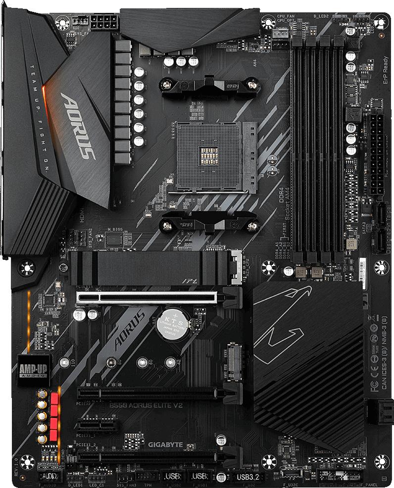 Материнская плата/ MB GIGABYTE AMD B550 sAM4, 4xDDR4(128GB), HDMI 2.1/DP, 1xPCIe 4.0x16, 2xPCIe 3.0x16, 1xPCIe 3.0, 1xLAN (2.5GbE), 4xSATA 6Gb/s, 2xM.2, 5xUSB 3.2, 2xUSB 2.0, ATX, B550 AORUS ELITE V2