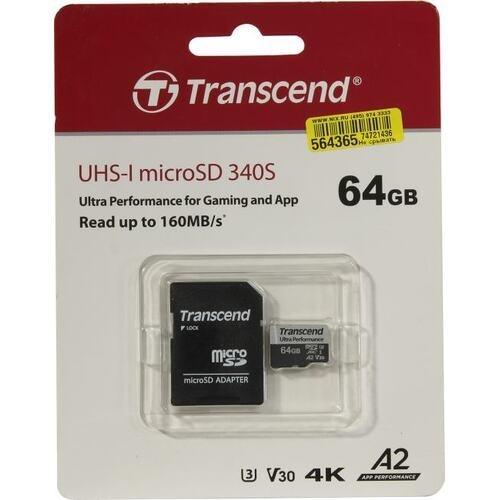 Micro SecureDigital 64GB Transcend Ultra Perfomrance microSDXC Class 10 UHS-I U3, V30, A2, (SD адаптер), TLC, TS64GUSD340S