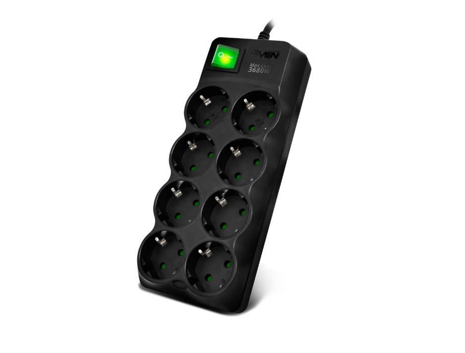 SVEN Фильтр SF-08E-16 3,0 м (8 розеток с защитными шторками,16А) черный, цветная коробка., SV-021610