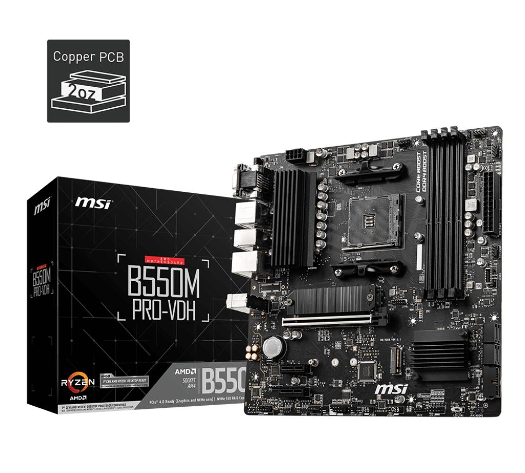 Материнская плата/ MB MSI AMD B550 sAM4, 4xDDR4(128GB), D-SUB/HDMI 2.1/DP, 1xPCIe 4.0x16, 2xPCIe 3.0, 1xLAN, 4xSATA 6Gb/s, 2xM.2, 4xUSB 3.2, 2xUSB 2.0, 1xPS/2, mATX, B550M PRO-VDH