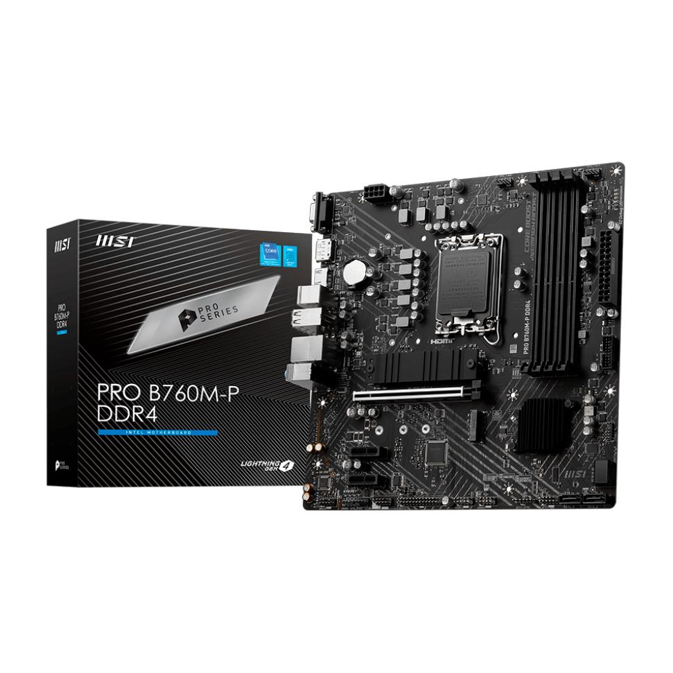 Материнская плата/ MB MSI INTEL B760 s1700, 4xDDR4(128GB), D-SUB/HDMI 1.4/DP, 1xPCIe 4.0x16, 2xPCIe 4.0, 1xLAN, 4xSATA 6Gb/s, 2xM.2, 1xUSB-C, 1xUSB 3.2, 4xUSB 2.0, 2xPS/2, mATX, PRO B760M-P DDR4