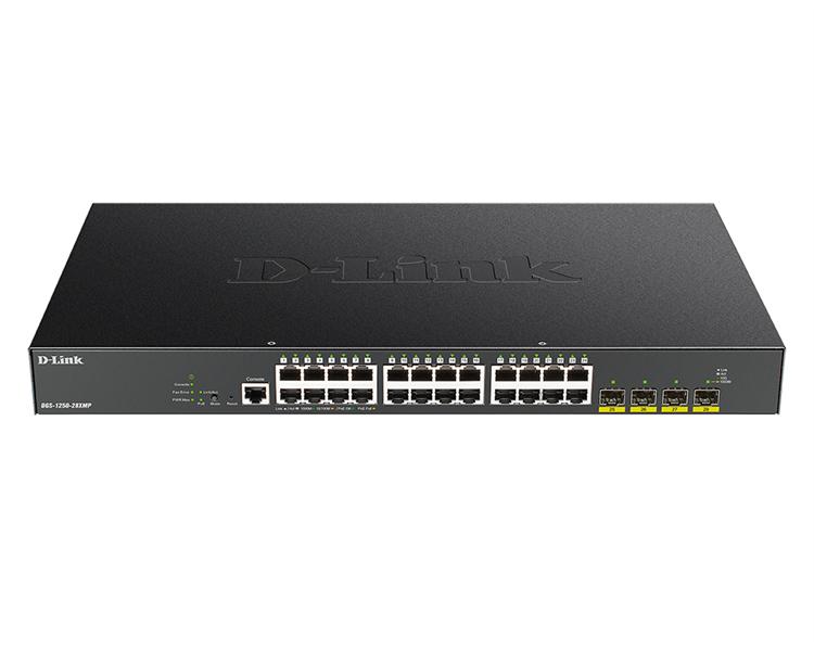 Коммутатор D-Link PROJ Управляемый L2 PoE-коммутатор, 24x1000Base-T PoE, 4x10GBase-X SFP+, PoE-бюджет 370 Вт, CLI, консольный порт RJ-45, DGS-1250-28XMP/A1A
