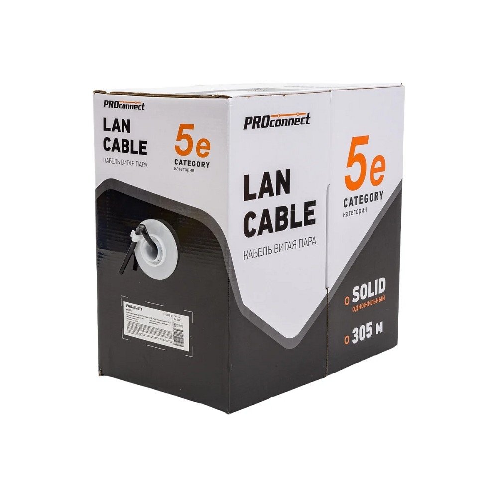 PROconnect (01-0045-3) Кабель витая пара омедненный, U/UTP, CCA, CAT 5e, PE, 4PR, 24AWG, OUTDOOR, SOLID, черный, 305м