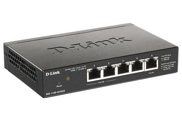 D-Link DGS-1100-05PDV2/A1A Настраиваемый L2 коммутатор с 5 портами 10/100/1000Base-T (2 порта PoE 802.3af