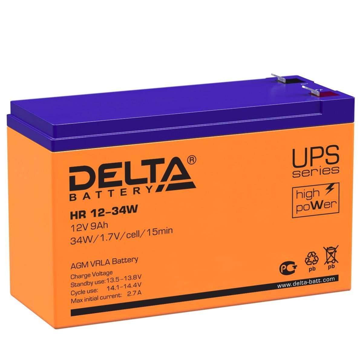 Аккумуляторная батарея Delta HR 12-34 W 12В/9Ач, клемма F2 (151х65х94мм (100мм); 2,62кг; Срок службы 8лет; Гарантия 1г), 4614010630004