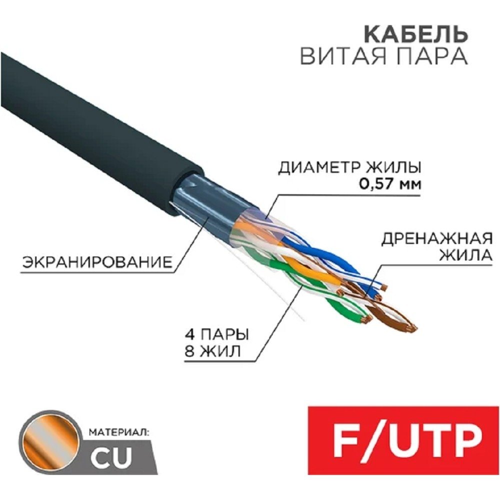 Rexant (01-0158) Кабель витая пара F/UTP, CAT 6, PE, 4PR, 23AWG, OUTDOOR, SOLID, черный, 305м
