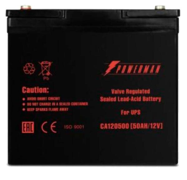 Батарея POWERMAN Battery CA12500, напряжение 12В, емкость 50Ач, макс. ток разряда 500А, макс. ток заряда 15А, свинцово-кислотная типа AGM, тип клемм M1, Д/Ш/В В229/138/208, 16.2 кг./ Battery POWERMAN Battery CA12500, voltage 12V, capacity 50Ah, max. discharge current 500A, max. charge current 15A, lead-acid type AGM, type of terminals M1, 229 mm x  138mm x 208mm, 16.2 kg., POWERMAN Battery 12V/50AH
