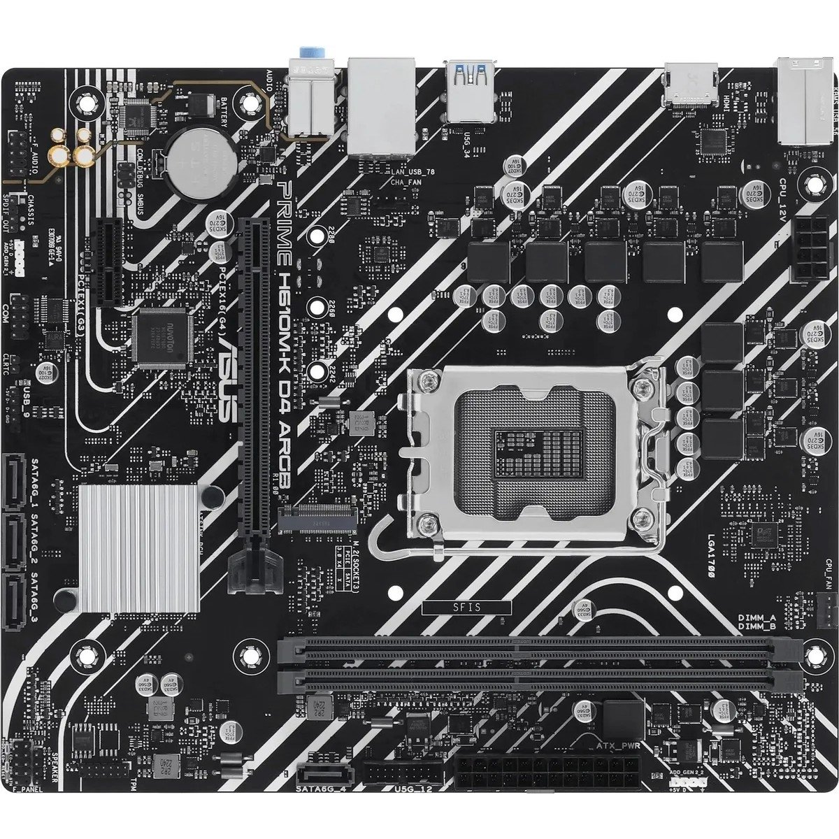 ASUS PRIME H610M-K D4 ARGB (Socket 1700, mATX, 2xDDR4(64GB), HDMI 2.1, 1xPCIe 4.0x16/1xPCIe 3.0/1xLAN, 4xSATA 6Gb/s, 1xM.2, 2xUSB 3.2, 4xUSB 2.0, 1xPS/2)