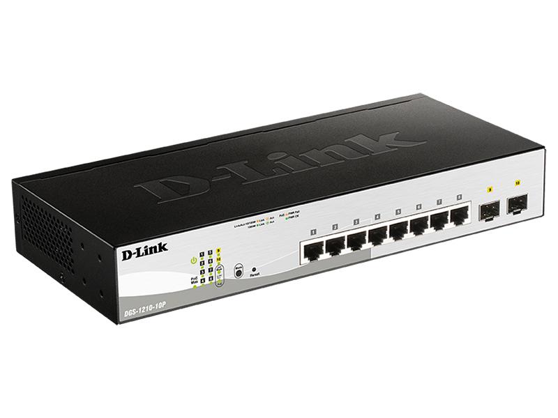 Коммутатор D-Link Управляемый L2 PoE-коммутатор, 8x1000Base-T PoE, 2x1000Base-X SFP, PoE-бюджет 65 Вт, защита от статического электричества до 6 кВ, CLI, DGS-1210-10P/FL2A