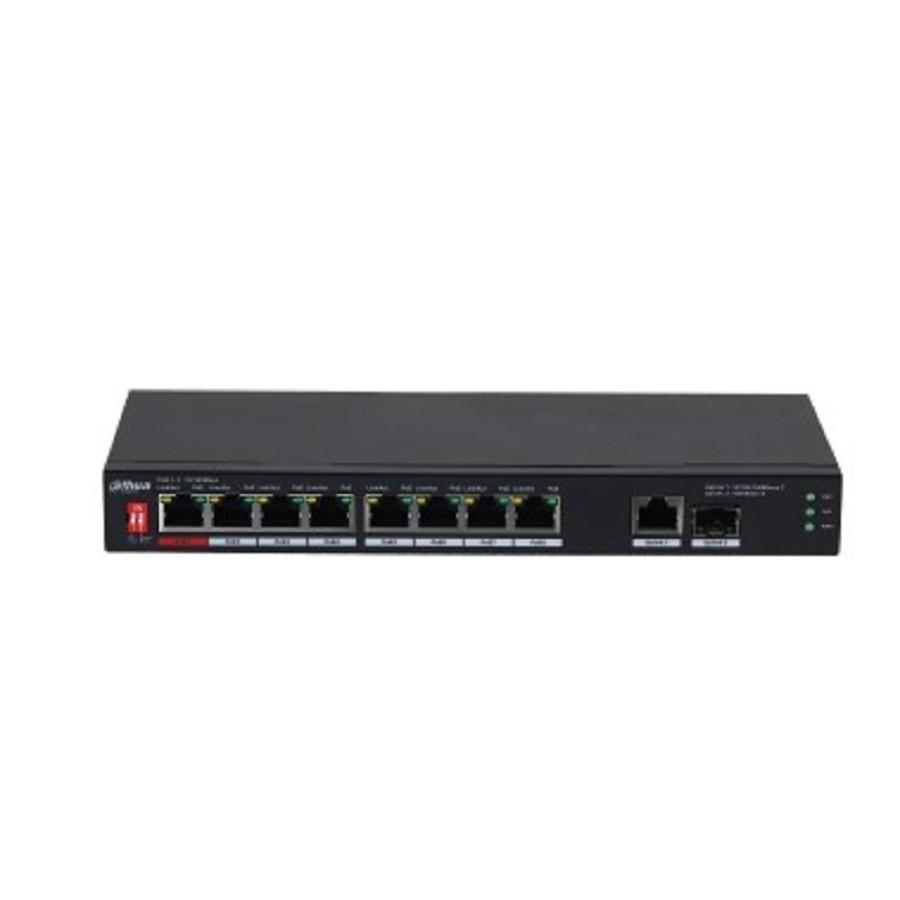 DAHUA DH-PFS3110-8ET1GT1GF-96 10-портовый неуправляемый коммутатор с PoE, 8xRJ45 10/100Mb PoE, 1xRJ45 1Gb uplink, 1xSFP 1Gb uplink, суммарно 96Вт, коммутация 5.6 Гбит/с, MAC-таблица 8К, металл