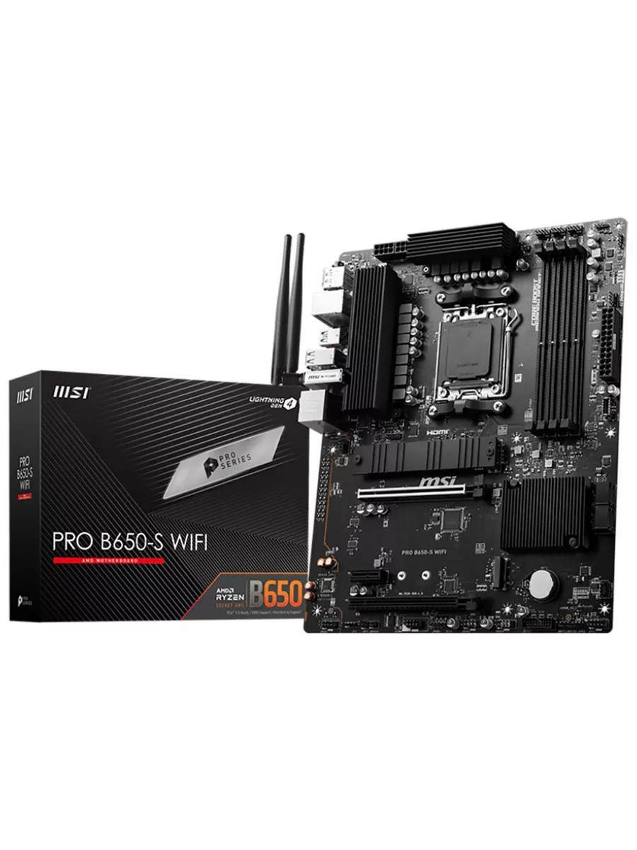 Материнская плата/ MB MSI AMD B650 sAM5, 4xDDR5(256GB), HDMI 2.1/DP, 2xPCIe 4.0x16, 1xPCIe 3.0, 1xLAN (2.5GbE), Wi-Fi, BT, 4xSATA 6Gb/s, 2xM.2, 1xUSB-C, 7xUSB 3.2, ATX, PRO B650-S WIFI