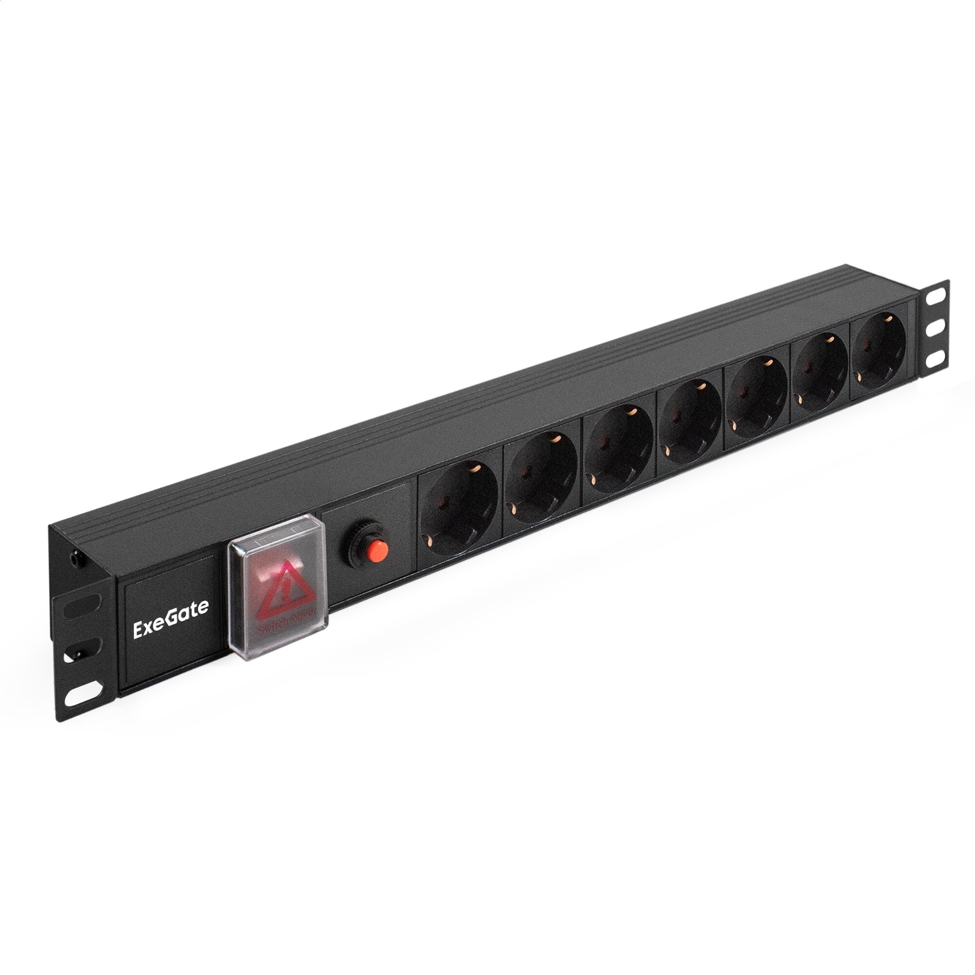 Exegate EX299607RUS Блок розеток с сетевым фильтром (Surge Protect), защитой от перегрузки и разъемом подключения C14 ExeGate ServerPro PDU-19H702 Al-7S-C14-SW-O-SPD1 (19", 1U, Алюминий, 7 Schuko, C14
