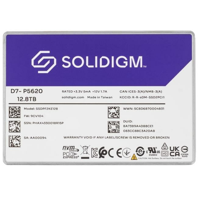 Solidigm SSD D7-P5620 Series, 12800GB, U.2(2.5" 15mm), NVMe, PCIe 4.0 x4, TLC, R/W 7100/3700MB/s, IOPs 1 000 000/374 000, TBW 70000, DWPD 3 (12 мес.), SSDPF2KE128T11Z