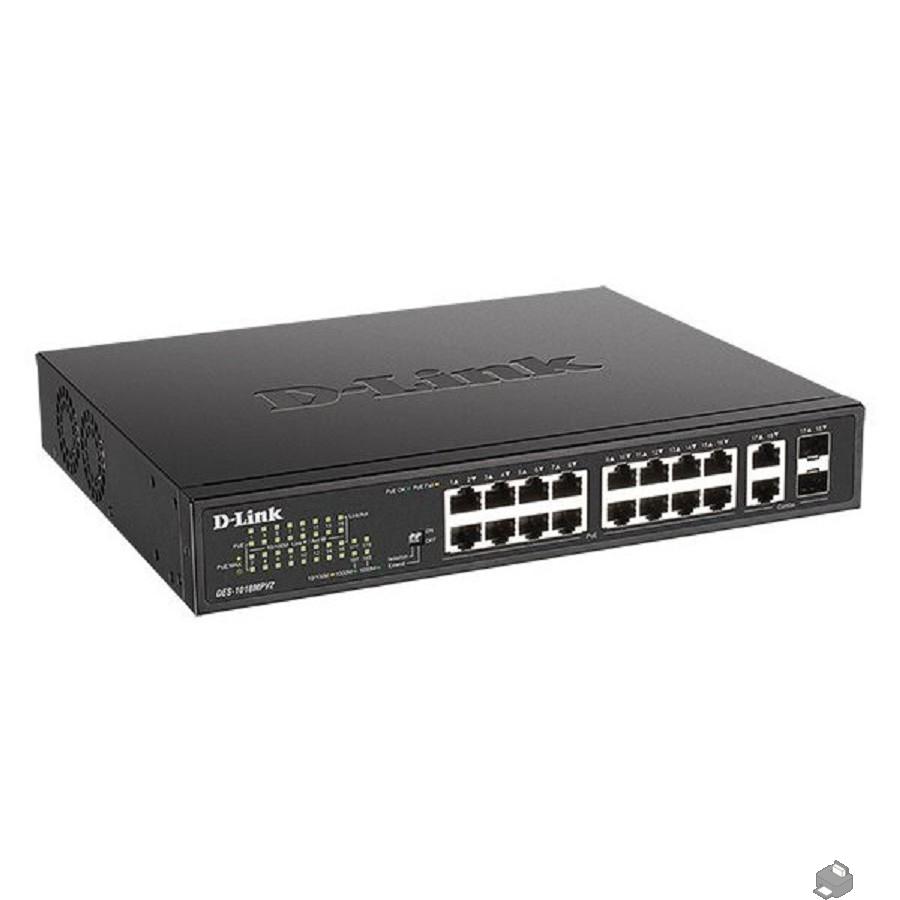 D-Link DES-1018MPV2/A1A Неуправляемый коммутатор с 16 портами 10/100Base-TX и 2 комбо-портами 100/1000Base-T/SFP (16 портов PoE 802.3af/at, PoE-бюджет 247 Вт, дальность до 250 м)