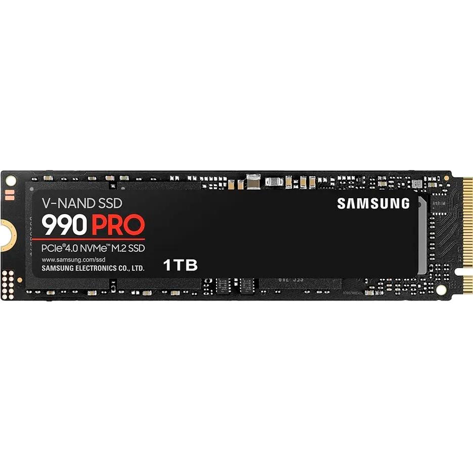 Твердотельный накопитель/ Samsung SSD 990 PRO, 1000GB, M.2(22x80mm), NVMe 2.0, PCIe 4.0 x4, V-NAND TLC, R/W 7450/6900MB/s, IOPs 1 200 000/1 550 000, DRAM buffer 1024MB, TBW 600, DWPD 0.33, with Heatsink (12 мес.), MZ-V9P1T0CW