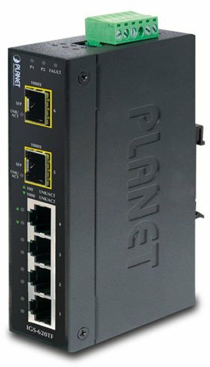 коммутатор/ PLANET IP30 Industrial 4-Port 10/100/1000T + 2-Port 100/1000X SFP Gigabit Switch (-40 to 75 degree C), IGS-620TF