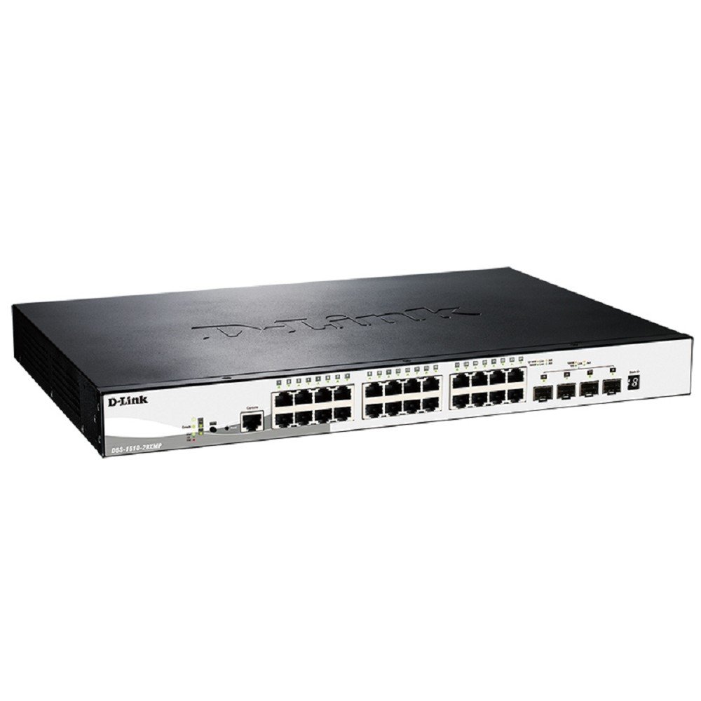 D-Link DGS-1510-28XMP/A1A PROJ Управляемый L2+ стекируемый коммутатор с 24 портами 10/100/1000Base-T и 4 портами 10GBase-X SFP+ (24 порта PoE 802.3af/at, PoE-бюджет 370 Вт)