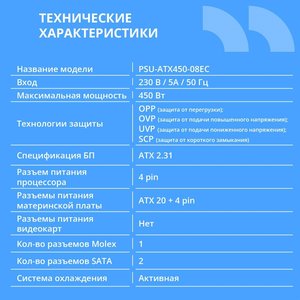 Блок питания CBR ATX 450W, 8cm fan, 24pin/1*4pin/1*IDE/2*SATA, кабель питания 1.2м, черный [PSU-ATX450-08EC] OEM