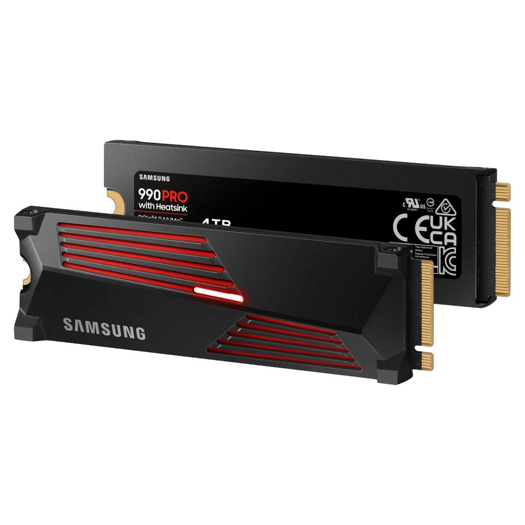 Твердотельный накопитель/ Samsung SSD 990 PRO, 4000GB, M.2(22x80mm), NVMe 2.0, PCIe 4.0 x4, V-NAND TLC, R/W 7450/6900MB/s, IOPs 1 400 000/1 550 000, DRAM buffer 4096MB, TBW 2400, DWPD 0.33, with Heatsink (12 мес.), MZ-V9P4T0CW